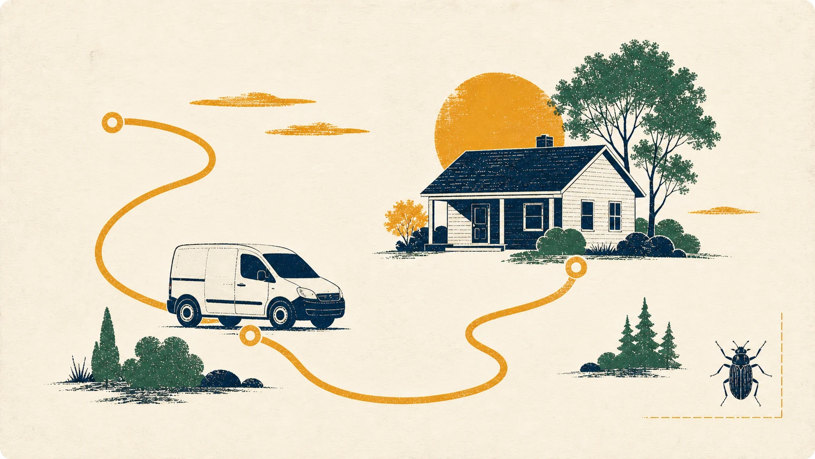 A pest-control route runs from the service van to the customer's property.